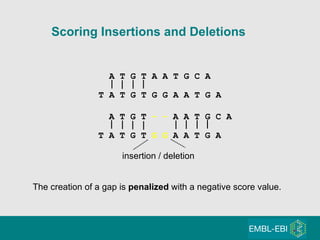 T A T G T  G G  A A T G A  Scoring Insertions and Deletions A T G T  - -  A A T G C A A T G T A A T G C A T A T G T G G A A T G A  The creation of a gap is  penalized  with a negative score value. insertion / deletion 