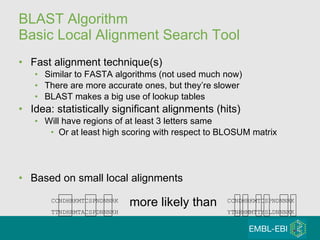 BLAST Algorithm Basic Local Alignment Search Tool Fast alignment technique(s) Similar to FASTA algorithms (not used much now) There are more accurate ones, but they’re slower BLAST makes a big use of lookup tables  Idea: statistically significant alignments (hits) Will have regions of at least 3 letters same Or at least high scoring with respect to BLOSUM matrix Based on small local alignments CCNDHRKMTCSPNDNNRK TTNDHRMTACSPDNNNKH CCNDHRKMTCSPNDNNRK YTNHHMMTTYSLDNNNKK more likely than 