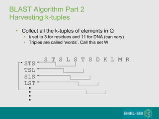 BLAST Algorithm Part 2 Harvesting k-tuples Collect all the k-tuples of elements in Q k set to 3 for residues and 11 for DNA (can vary) Triples are called ‘words’. Call this set W S T S L S T S D K L M R STS TSL SLS LST 