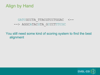 Align by Hand GATC GCCTA_TTACGTCCTGGAC  <-- --> AGGC A TAC G TA_G C CCT TTCGC You still need some kind of scoring system to find the best alignment 