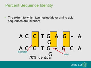 Percent Sequence Identity The extent to which two nucleotide or amino acid sequences are invariant A C  C  T G  A  G  –  A G  A C  G  T G  –  G  C  A G 70% identical mismatch indel 