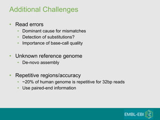 Additional Challenges Read errors Dominant cause for mismatches Detection of substitutions? Importance of base-call quality Unknown reference genome De-novo assembly Repetitive regions/accuracy ~20% of human genome is repetitive for 32bp reads Use paired-end information 