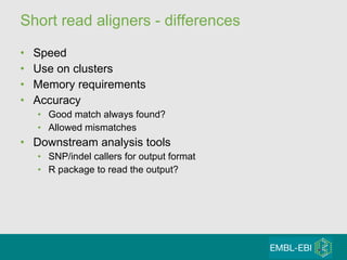Short read aligners - differences Speed Use on clusters Memory requirements Accuracy Good match always found? Allowed mismatches Downstream analysis tools SNP/indel callers for output format R package to read the output? 