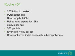 Roche 454 2005 (first to market) Pyrosequencing Read length: 250bp Paired read separation: 3kb 300Mb per day $60 per Mb Error rate: ~ 5% per bp Dominant error: indel, especially in homopolymers 