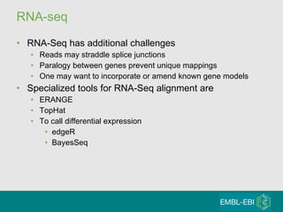 RNA-seq RNA-Seq has additional challenges Reads may straddle splice junctions Paralogy between genes prevent unique mappings One may want to incorporate or amend known gene models  Specialized tools for RNA-Seq alignment are ERANGE  TopHat  To call differential expression  edgeR  BayesSeq  