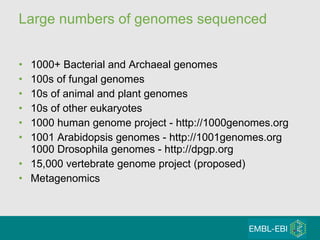 Large numbers of genomes sequenced 1000+ Bacterial and Archaeal genomes 100s of fungal genomes 10s of animal and plant genomes 10s of other eukaryotes 1000 human genome project - http://1000genomes.org  1001 Arabidopsis genomes - http://1001genomes.org 1000 Drosophila genomes - http://dpgp.org  15,000 vertebrate genome project (proposed)  Metagenomics 