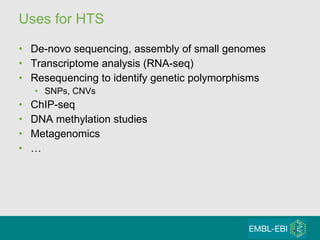 Uses for HTS De-novo sequencing, assembly of small genomes Transcriptome analysis (RNA-seq) Resequencing to identify genetic polymorphisms SNPs, CNVs ChIP-seq DNA methylation studies Metagenomics … 