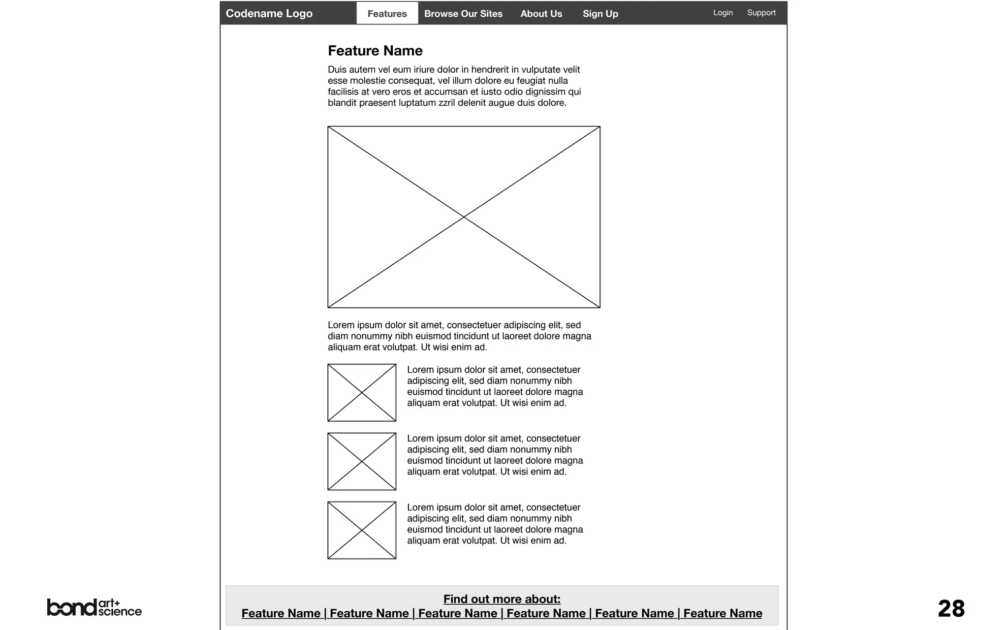 Codename Logo            Features      Browse Our Sites        About Us           Sign Up   Login   Support




                Feature Name
                Duis autem vel eum iriure dolor in hendrerit in vulputate velit
                esse molestie consequat, vel illum dolore eu feugiat nulla
                facilisis at vero eros et accumsan et iusto odio dignissim qui
                blandit praesent luptatum zzril delenit augue duis dolore.




                Lorem ipsum dolor sit amet, consectetuer adipiscing elit, sed
                diam nonummy nibh euismod tincidunt ut laoreet dolore magna
                aliquam erat volutpat. Ut wisi enim ad.

                                    Lorem ipsum dolor sit amet, consectetuer
                                    adipiscing elit, sed diam nonummy nibh
                                    euismod tincidunt ut laoreet dolore magna
                                    aliquam erat volutpat. Ut wisi enim ad.


                                    Lorem ipsum dolor sit amet, consectetuer
                                    adipiscing elit, sed diam nonummy nibh
                                    euismod tincidunt ut laoreet dolore magna
                                    aliquam erat volutpat. Ut wisi enim ad.


                                    Lorem ipsum dolor sit amet, consectetuer
                                    adipiscing elit, sed diam nonummy nibh
                                    euismod tincidunt ut laoreet dolore magna
                                    aliquam erat volutpat. Ut wisi enim ad.




                                    Find out more about:
  Feature Name | Feature Name | Feature Name | Feature Name | Feature Name | Feature Name                     28
 