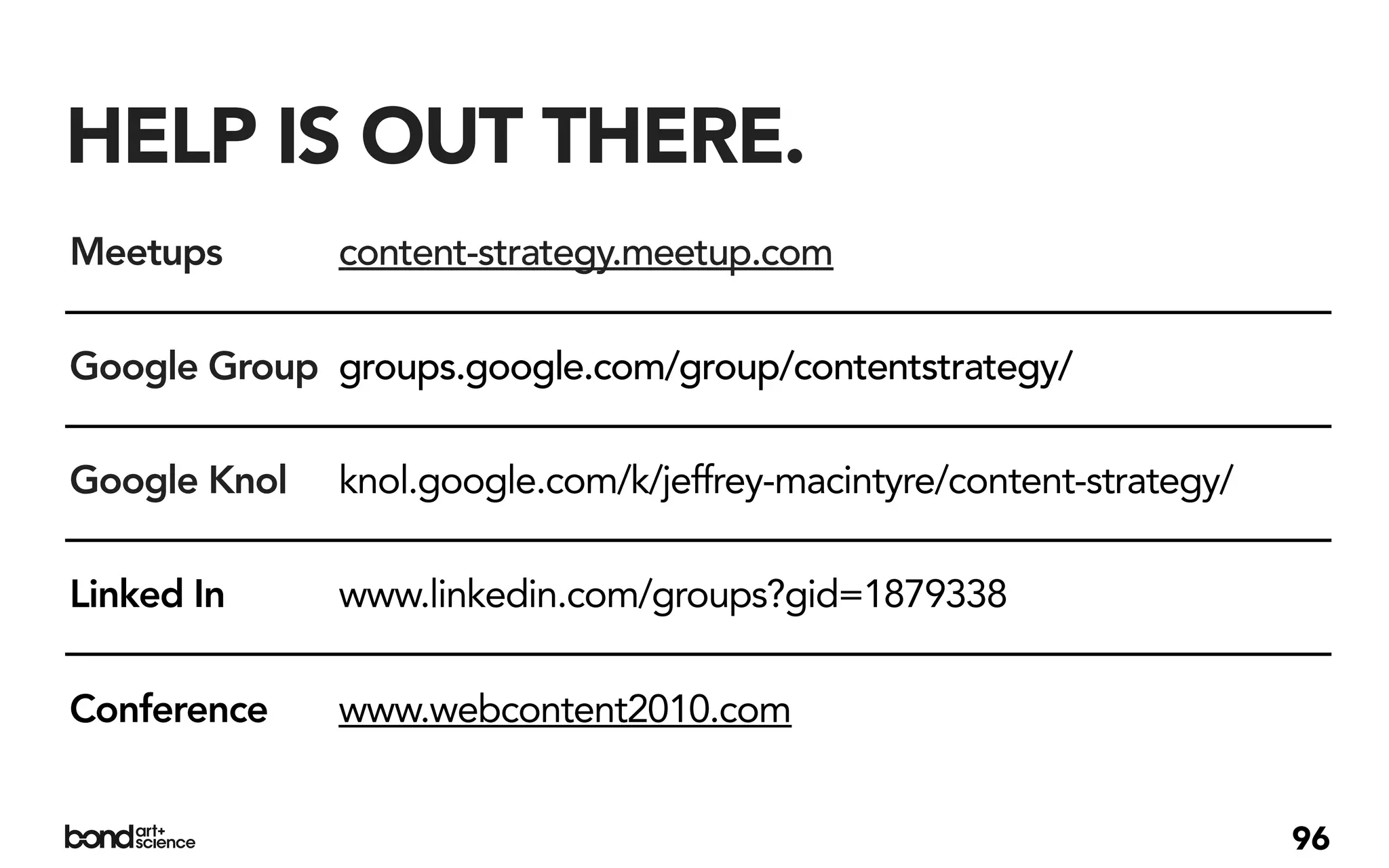 HELP IS OUT THERE.
Meetups       content-strategy.meetup.com

Google Group groups.google.com/group/contentstrategy/

Google Knol   knol.google.com/k/jeffrey-macintyre/content-strategy/

Linked In     www.linkedin.com/groups?gid=1879338

Conference    www.webcontent2010.com


                                                                      96
 