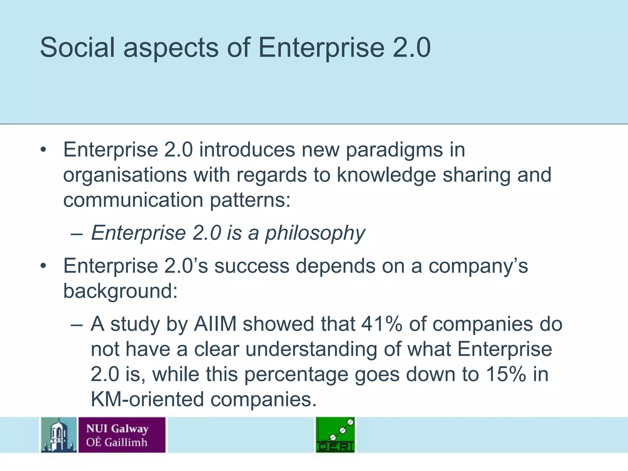 The SLATES acronymSearch: Easy and relevant access to informationLinks: Enable better browsing capabilities between contentAuthoring: Easy interfaces to produce content, in a collaborative wayTagging: User-generated classification, enables serendipity and knowledge discoveryExtension: Recommendation of relevant contentSignals: Identify relevant content