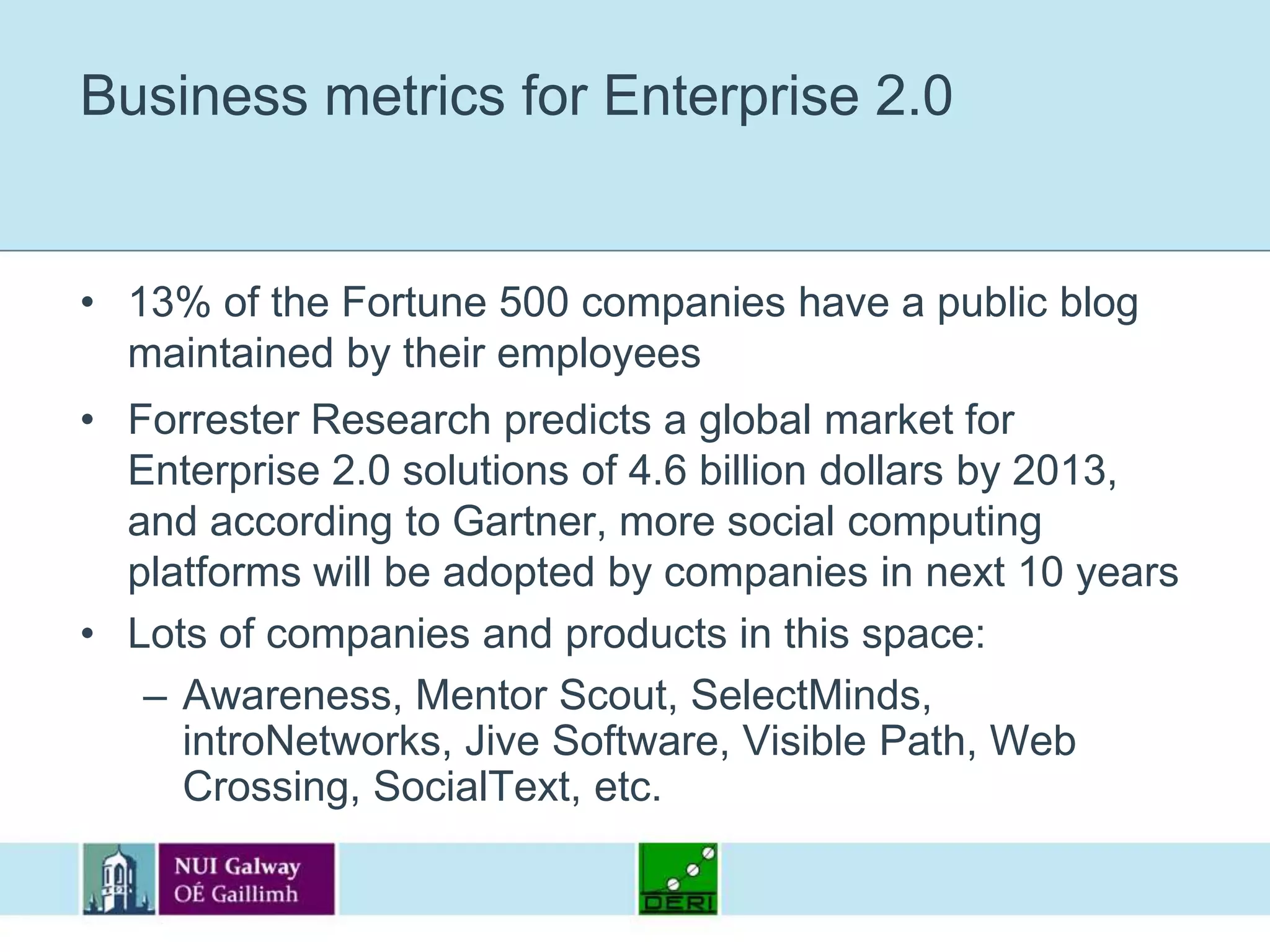 Keys to Enterprise 2.0 adoptionCombining top-down and bottom-up approaches helps to realise Enterprise 2.0:Top-down: Hierarchy (bosses!) sets up new tools and requires that various sections use themBottom-up: Users become evangelists and word-of-mouth improves the number of new users:http://strange.corante.com/2006/03/05/an-adoption-strategy-for-social-software-in-enterprisehttp://many.corante.com/archives/2004/10/27/middlespace.php