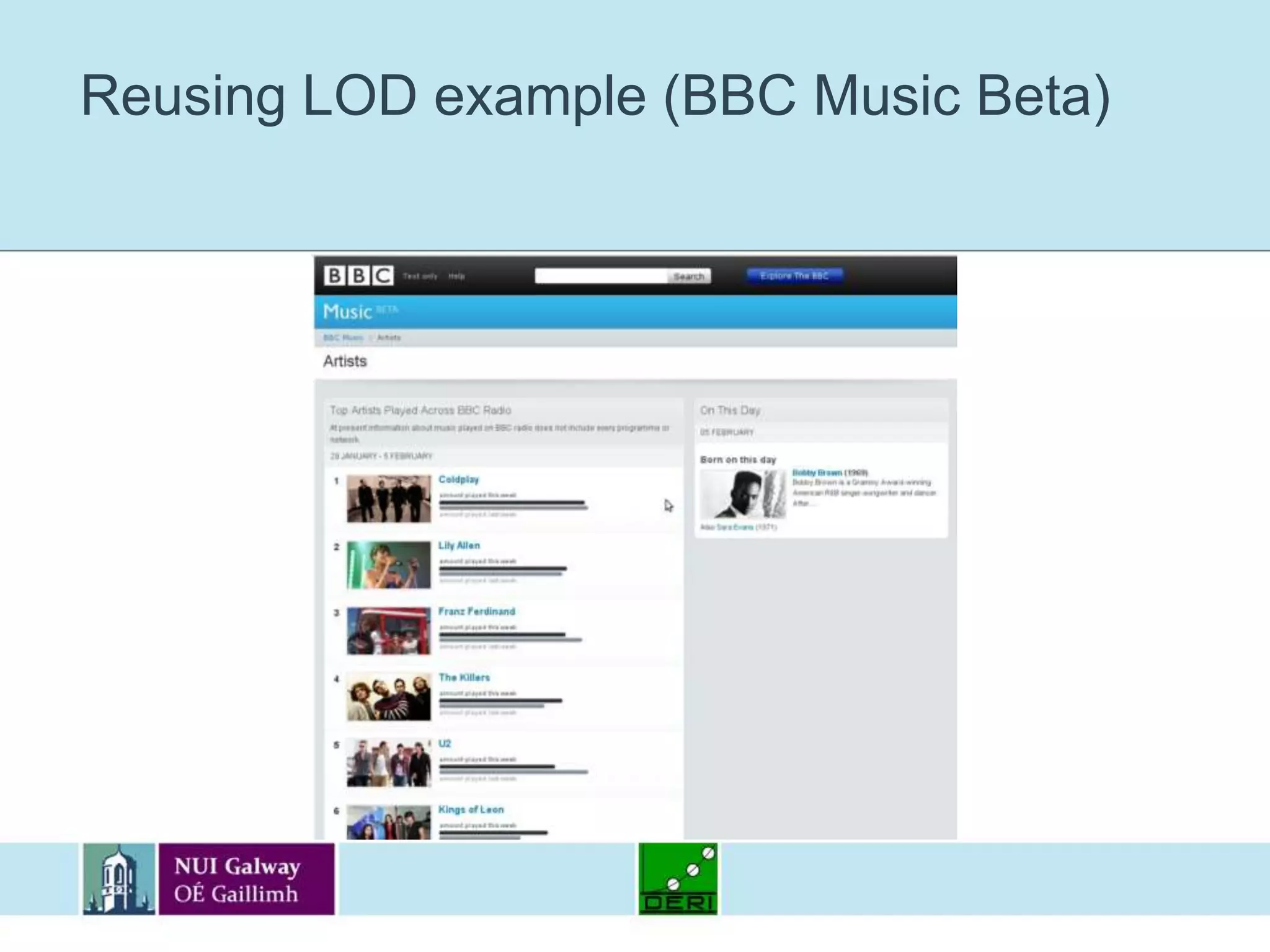 LOD and Semantic Enterprise 2.0Huge potential for internal IT infrastructures to enhance existing applications (mashups, extended UIs, etc.):Integration of open and structured data from various sources at minor costIssue: dependance on external services, replication may be requiredRSS is already widely used in organisations as a way to get information from the Web, LOD provides structured data to extend IT ecosystems