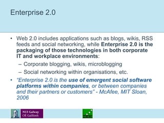 Some serious applications for Web 2.0Web 2.0 in research environments:Using wikis for project proposalsScientific community blogging (e.g. Nature Network)