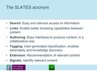 Enterprise 2.0 and the WebMany enterprises have an online presence on various Web 2.0 services to reach their customers:TwitterSlideshareFacebookFlickrLinkedInetc.