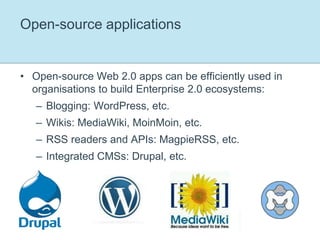 Business metrics for Enterprise 2.013% of the Fortune 500 companies have a public blog maintained by their employeesForrester Research predicts a global market for Enterprise 2.0 solutions of 4.6 billion dollars by 2013, and according to Gartner, more social computing platforms will be adopted by companies in next 10 yearsLots of companies and products in this space:Awareness, Mentor Scout, SelectMinds, introNetworks, Jive Software, Visible Path, Web Crossing, SocialText, etc.