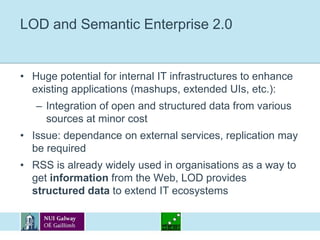 Relational DB to RDF mappingRelational data (RDB) is structured data and can be mapped to RDF straightforward:Allows integration of existing enterprise databases into the Semantic Enterprise 2.0 architectureMain issues include: closed-world vs. open-world modeling; assigning URIs for entities (records); mapping language expressivityFor a state-of-the-art see http://www.w3.org/2005/Incubator/rdbrdf/RDB2RDF_SurveyReport.pdf