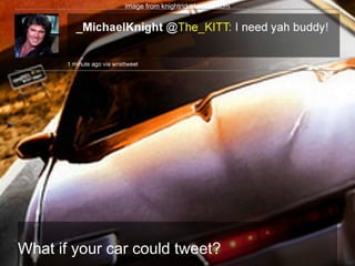 Twitter AnnotationsA forthcoming initiative by Twitter whereby it will be possible to attach arbitrary metadata to any tweet:Subject to an overall limit for the metadata payloadMay be possible to attach RDF-type statementsGoing beyond annotating tweets with geotemporal information:Allowing new types and properties for tweets