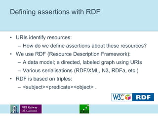 Defining assertions with RDFURIs identify resources:How do we define assertions about these resources?We use RDF (Resource Description Framework):A data model; a directed, labeled graph using URIsVarious serialisations (RDF/XML, N3, RDFa, etc.)RDF is based on triples:<subject> <predicate> <object> .