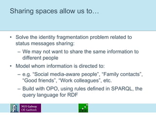 Sharing spaces allow us to…Solve the identity fragmentation problem related to status messages sharing:We may not want to share the same information to different peopleModel whom information is directed to:e.g. “Social media-aware people”, “Family contacts”, “Good friends”, “Work colleagues”, etc.Build with OPO, using rules defined in SPARQL, the query language for RDF