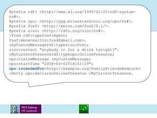 @prefix rdf: <http://www.w3.org/1999/02/22-rdf-syntax-ns#>.@prefix opo: <http://ggg.milanstankovic.org/opo/ns#>.@prefix foaf: <http://xmlns.com/foaf/0.1/>.@prefix sioc: <http://rdfs.org/sioc/ns#>.:Fred rdf:typefoaf:Agent;foaf:mbox <mailto:fred@gmail.com>.:myCustomMessagerdf:typesioc:Post;sioc:content "anybody in for a drink tonight?".:MyCurrentPresencerdf:typeopo:OnlinePresence;opo:customMessage :myCustomMessage;opo:startTime "2008-03-01T18:51:19";opo:intendedFor<http://example.org/FamilyFriendsBedrock>:Betty opo:declaresOnlinePresence :MyCurrentPresence.