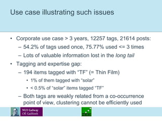 Use case illustrating such issuesCorporate use case > 3 years, 12257 tags, 21614 posts:54.2% of tags used once, 75.77% used <= 3 timesLots of valuable information lost in the long tailTagging and expertise gap:194 items tagged with “TF” (= Thin Film)1% of them tagged with “solar”< 0.5% of “solar” items tagged “TF”Both tags are weakly related from a co-occurrence point of view, clustering cannot be efficiently used
