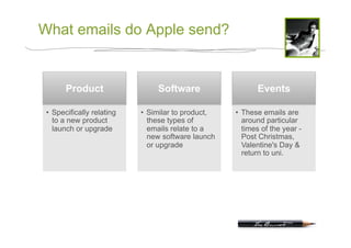 What emails do Apple send?


       Product                   Software                   Events

 •  Specifically relating   •  Similar to product,   •  These emails are
    to a new product           these types of           around particular
    launch or upgrade          emails relate to a       times of the year -
                               new software launch      Post Christmas,
                               or upgrade               Valentine's Day &
                                                        return to uni.
 