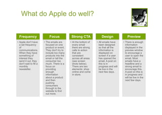 What do Apple do well?


  Frequency                    Focus              Strong CTA               Design                 Preview
•  Apple don't have       •  The emails are      •  At the bottom of   •  All emails have     •  There is enough
   a set frequency           focused on one         every email           been designed          information
   of                        product or event.      there are strong      so that all the        displayed in the
   communications.           They don't try to      calls to action       information is         preview window
   When they have            include too many       that are              displayed on           to encourage a
   something of              products into the      consistent            screen if a user       user to open the
   interest they             email or tell the      across all areas      has opened the         email. Most
   send it out, they         consumer too           (see screen           email. A post on       emails have a
   don't wait to fill a      much. There is a       shots below).         this is in             headline and a
   monthly                   focus on               There are two         progress and will      strong email to
   newsletter.               providing              elements: shop        be live in the         encourage this.
                             enough                 online and come       next few days.         A post on this is
                             information            in store.                                    in progress and
                             about a product                                                     will be live in the
                             and then                                                            next few days.
                             pushing
                             consumers
                             through to the
                             website to find
                             out more.
 