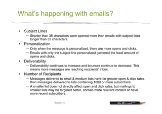 What’s happening with emails?

•  Subject Lines
        Shorter than 35 characters were opened more than emails with subject lines
        longer than 35 characters.
•  Personalization
        Only when the message is personalized, there are more opens and clicks.
        Emails with only the subject line personalized garnered the least amount of
        opens and clicks.
•  Deliverability
        Deliverability continues to increase and bounces continue to decrease. This
        means more messages are reaching recipients’ inbox.
•  Number of Recipients
        Messages delivered to small & medium lists have far greater open & click rates
        than messages delivered to lists containing 1000 or more subscribers.
        A smaller list does not directly affect open and click rates, but mailings to
        smaller lists may be targeted better, contain more relevant content or have
        more recent subscribers.

                       Source: xx
 