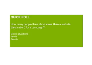 QUICK POLL:

How many people think about more than a website
(destination) for a campaign?

Online advertising
Emails
Search
 