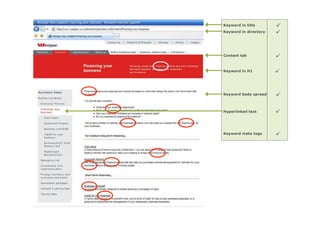 Keyword in title       
Keyword in directory   


Content tab            

Keyword in H1          


Keyword body spread    

Hyperlinked text       


Keyword meta tags      
 