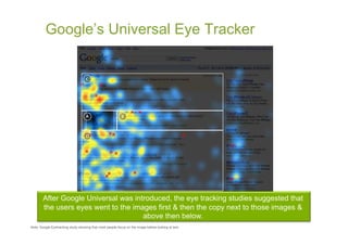 Google’s Universal Eye Tracker




        After Google Universal was introduced, the eye tracking studies suggested that
        the users eyes went to the images first & then the copy next to those images &
                                      above then below.
Note: Google Eyetracking study showing that most people focus on the image before looking at text. 
 