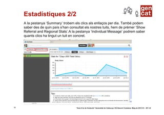Estadístiques 2/2
     A la pestanya ‘Summary’ trobem els clics als enllaços per dia. També podem
     saber des de quin país s’han consultat els nostres tuits, hem de prémer ‘Show
     Referral and Regional Stats’.A la pestanya ‘Individual Message’ podrem saber
     quants clics ha tingut un tuit en concret.




16                                    “Guia d’ús de Hootsuite” Generalitat de Catalunya. DG Atenció Ciutadana. Maig de 2010 CC – BY 3.0
 