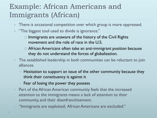 Example: African Americans and
Immigrants (African)
    There is occasional competition over which group is more oppressed.
    “The biggest tool used to divide is ignorance.”
           Immigrants are unaware of the history of the Civil Rights
            movement and the role of race in the U.S.
           African Americans often take an anti-immigrant position because
            they do not understand the forces of globalization.
    The established leadership in both communities can be reluctant to join
     alliances.
      Hesitation to support an issue of the other community because they
         think their constituency is against it
      Fear of losing the power they possess
    Part of the African American community feels that the increased
     attention to the immigrants means a lack of attention to their
     community, and their disenfranchisement.
    “Immigrants are exploited; African Americans are excluded.”
 