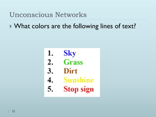 Unconscious Networks
   What colors are the following lines of text?




22
 