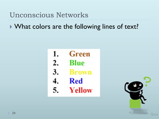 Unconscious Networks
   What colors are the following lines of text?




24
 