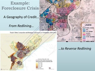 Example:
Foreclosure Crisis

A Geography of Credit…

   From Redlining…




                         …to Reverse Redlining
 