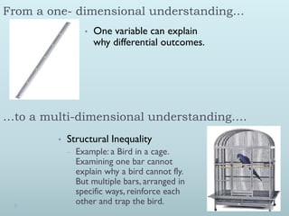 From a one- dimensional understanding…
                  •   One variable can explain
                      why differential outcomes.




…to a multi-dimensional understanding….
        •   Structural Inequality
            –   Example: a Bird in a cage.
                Examining one bar cannot
                explain why a bird cannot fly.
                But multiple bars, arranged in
                specific ways, reinforce each
                other and trap the bird.
 