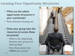 Locating Your Opportunity Structures

      What are the salient
       opportunity structures in
       your community?
      Parks, Schools, Housing, etc.


      Does your group have the
       resources to access these
       structures?
          What is the relationship
           between your group and
           other groups?
          How does access vary
           within your group?
      60
 
