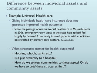 Difference between individual assets and
community assets
   Example: Universal Health care
     Giving individuals health care insurance does not
      guarantee improved health outcomes
           Since the passage of near-universal healthcare in Massachusetts
            in 2006, emergency room visits in the state have spiked, fed
            largely by demand from newly insured patients with conditions
            best treated by primary care doctors. Kowalczyk, Liz.


       What structures matter for health outcomes?
         Housing, schools, parks, etc.?
         Is it just proximity to a hospital?
         How do we connect communities to these assets? Or do
          we have to build these structures first??
 