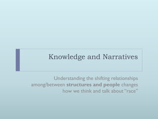 Knowledge and Narratives

         Understanding the shifting relationships
among/between structures and people changes
            how we think and talk about “race”
 
