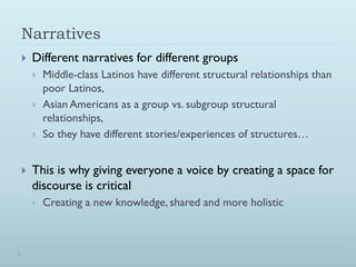 Narratives
   Different narratives for different groups
       Middle-class Latinos have different structural relationships than
        poor Latinos,
       Asian Americans as a group vs. subgroup structural
        relationships,
       So they have different stories/experiences of structures…


   This is why giving everyone a voice by creating a space for
    discourse is critical
       Creating a new knowledge, shared and more holistic
 
