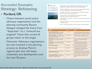 Successful Examples
 Strategy: Reframing
    Portland, OR.
         Chasm between social justice
          advocacy organizations and the
          planning community. Recent
          dialogue changed the frame from
          “disparities” to a “universal but
          targeted” frame that moved all
          groups closer to the target.
         Outcome: Advocacy organizations
          are now involved in the planning
          process to develop Metro's
          regional plan that will shape
          investment and development over
          the next 50 years.


Source: Metro Regional Government. “Making the Greatest Place.” Brochure.August 2009.
 