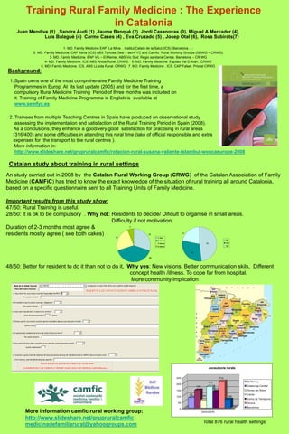 Training Rural Family Medicine : The Experience
                          in Catalonia
    Juan Mendive (1) ,Sandra Audi (1) ,Jaume Banqué (2) Jordi Casanovas (3), Miguel A.Mercader (4),
               Luis Balagué (4) Carme Cases (4) , Eva Cruzado (5) , Josep Otal (6), Rosa Subirats(7)

                             1- MD. Family Medicine EAP. La Mina . Institut Català de la Salut.(ICS) Barcelona .. -
           2- MD. Family Medicine. CAP Xerta (ICS) ABS Tortosa Oest – semFYC and Camfic Rural Working Groups (SRWG – CRWG)
                     3- MD. Family Medicine. EAP Vic – El Remei, ABS Vic Sud. Regio sanitaria Centre. Barcelona – CR WG
                  4- MD. Family Medicine. ICS. ABS Anoia Rural. CRWG. 5- MD. Family Medicine. Espitau Val D’Aran. CRWG
               6. MD. Family Medicine. ICS. ABS LLeida Rural. CRWG 7. MD. Family Medicine . ICS. CAP Falset. Priorat CRWG
Background:
 1. Spain owns one of the most comprehensive Family Medicine Training
    Programmes in Europ. At its last update (2005) and for the first time, a
    compulsory Rural Medicine Training Period of three months was included on
    it. Training of Family Medicine Programme in English is available at
    www.semfyc.es

 2. Trainees from multiple Teaching Centres in Spain have produced an observational study
    assessing the implementation and satisfaction of the Rural Training Period in Spain (2008).
   As a conclusions, they enhance a good/very good satisfaction for practising in rural areas
   (316/400) and some difficulties in attending this rural time (lake of official responsible and extra
   expenses for the transport to the rural centres ).
   More information in:
    http://www.slideshare.net/grupruralcamfic/rotacion-rural-susana-valiente-istambul-woncaeurope-2008

 Catalan study about training in rural settings
An study carried out in 2008 by the Catalan Rural Working Group (CRWG) of the Catalan Association of Family
Medicine (CAMFiC) has tried to know the exact knowledge of the situation of rural training all around Catalonia,
based on a specific questionnaire sent to all Training Units of Family Medicine.

Important results from this study show:
47/50: Rural Training is useful.
28/50: It is ok to be compulsory . Why not: Residents to decide/ Dificult to organise in small areas.
                                            Difficulty if not motivation
Duration of 2-3 months most agree &                                3


residents mostly agree ( see both cakes)                                      15
                                                                                                    11

                                                           12                      1 mes
                                                                                   2 mesos                                                       SI
                                                                                   3 mesos                                24                     NO
                                                                                   6 mesos                                                       NC


                                                                                                         15

                                                                              20



48/50: Better for resident to do it than not to do it, Why yes: New visions. Better communication skils, Different
                                                        concept health /illness. To cope far from hospital.
                                                        More community implication




                                                                                                                               consultoris rurals


                                                                                              250                                          214
                                                                                                                               171                     Alt Pirineu
                                                                                              200
                                                                                                              143                                      Catalunya Central
                                                                                                                                     131
                                                                                              150                                                      Terres de l'Ebre
                                                                                                         84                                            Lleida
                                                                                              100                    64                           69
                                                                                                                                                       Camp de Tarragona
                                                                                               50                                                      Girona
                                                                                                                                                       Barcelona
                                                                                                0
        More information camfic rural working group:                                                                consultoris

        http://www.slideshare.net/grupruralcamfic
                                                                                                                     Total 876 rural health settings
        medicinadefamiliarural@yahoogroups.com
 