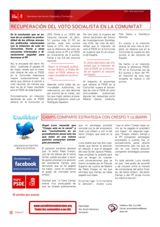 Nº62 / 28 de mayo de 2010


               Secretaría de Acción Electoral y Formación



RECUPERACIÓN DEL VOTO SOCIALISTA EN LA COMUNITAT
Es la conclusión que se ex-       25% frente a un 19,9% del           Por otro lado, la muestra del      País Vasco        y    Castilla-La
trae de un análisis en profun-    conjunto nacional, es decir,        último barómetro del Centro        Mancha.
didad de las últimas encues-      5,1 puntos más. El PP, en           de Investigaciones Sociológi-
tas publicadas relacionadas       cambio, cede tres puntos            cas (CIS), del mes de abril,       En cuanto a la intención
con la intención de voto en       hasta el 27%. Así tenemos           refleja que la intención de        directa de voto más la sim-
Comunitat, frente a otras         que la diferencia del voto de-      voto al PSOE en la Comunitat       patía, se observa que en la
encuestas interesadas o di-       clarado entre el PP y el PSOE       es superior que en el conjun-      Comunitat se supera en dos
rectamente pagadas para           es únicamente de 2 puntos,          to de España..                     puntos la del conjunto de
favorecer al PP.                  frente a los 4,8 del conjunto                                          España.
                                  nacional.
Así, la encuesta del diario Pú-                                        El último barómetro del CIS
                                                                                                         De hecho, si en intención
blico, publicada el pasado 24     Según la encuesta publica-           señala que la intención de
                                                                                                         directa la diferencia PSOE-
de mayo, revela que la inten-     da por Público, a finales de         voto al PSOE en la Comuni-
                                                                                                         PP en la Comunitat era de
ción directa de voto al PSOE      mayo, el PSOE obtiene su             tat es superior al conjunto
                                                                                                         6,2 puntos a favor del PP,
en la Comunitat Valenciana        mejor resultado en la Comu-          de España.
                                                                                                         en intención de voto más
mejora sustancialmente los        nitat.                                                                 simpatía se reduce a 3,6
datos que obtiene el partido a                                        Al respecto, el porcentaje         puntos.
nivel nacional, de manera que     Además, entre todas las co-         que obtiene el PSOE en la
aquí se da el mejor resultado     munidades autónomas, los            Comunitat supera el porcen-
para el PSOE de toda España.      valencianos, con dos décimas        taje de voto al PSOE en ocho
                                  por encima de la media, son         comunidades       autónomas,
Concretamente, en intención       los que mejor valoran al presi-     algunas tan relevantes como
declarada de voto, el PSOE        dente del Gobierno, José Luís       Madrid, Galicia, Cataluña,
obtiene en la Comunitat un        Rodríguez Zapatero.




                             CAMPS COMPARTE ESTRATEGIA CON CRESPO Y ULIBARRI

                            Ángel Luna recuerda que              que mi estrategia procesal           “que el señor Crespo sepa có-
                            “Crespo está en la cárcel” y         coincide con la del empresario       mo se ha pagado el president
                            que “normalmente en un               José Luís Ulibarri y con la del      sus trajes”. En segundo lugar,
                            procedimiento penal sólo los         señor Crespo, que está en la         que “Crespo, Ulibarri, Camps y
                            que están en una misma               cárcel”.                             el PP comparten estrategias
                            posición comparten estrate-                                               procesales y cuando hay un
                            gias procesales”.                    Luna resaltó que hay dos cues-       procedimiento penal abierto
   SIGUENOS EN TWITTER                                           tiones que llaman la atención        normalmente sólo los que es-
     @SOCIALISTESVAL        El portavoz socialista destacó       en relación a que el abogado         tán en una misma posición
                            que “el señor Pablo Crespo,          del caso Gürtel, Ignacio Peláez,     comparten estrategias procesa-
                            uno de los líderes de la trama       haya ampliado la querella para       les”.
                            Gürtel, pueda exculpar y servir      que se tengan en cuentan
                            de apoyo procesal a la posición      unas conversaciones que ya           En este sentido, Luna insistió
                            del presidente Camps para            fueron anuladas por el Tribunal      en que “ese grado de acuerdo
                            demostrar que se ha pagado           Superior de Justicia de Madrid       y de colusión entre la manera
                            los trajes, pone en evidencia        de Pablo Crespo en las que           de comportarse del señor Cres-
                            el grado de intimidad entre          afirmaba que Camps se había          po, del señor Ulibarri, del señor
                            ambos”.                              pagado sus trajes.                   Camps y del PP arroja mucha
                                                                                                      luz sobre el asunto”.
                            Subrayó que “si fuera Camps          En primer lugar “a mí me llama
                            estaría muy preocupado de            la atención”, insistió Luna,
                            que se airease públicamente


  El cambio que avanza



                     www.socialistesvalencians.org               PSPV-PSOE                                Teléfono: 961 111 000
                                                                                                          Correo: accionelectoral@pspv-
                     Todos los contenidos a un clic              Sec. Acción Electoral y
    Página 7                                                     Formación                                psoe.net
 
