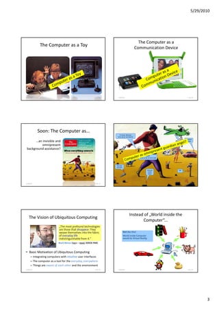 5/29/2010




                                                                                                    The Computer as a
             The Computer as a Toy
                                                                                                  Communication Device




5/28/2010                                                           35      5/28/2010                                                                 F. Ma. 36




            Soon: The Computer as…                                                                                            Blood pressure
                                                                                                                                 too high
                                                                             I’m here, Mummy
                                                                           N 51.30.24 W 0.08.19
                                                                                                                                                    Accident
       …an invisible and                                                                                                                             ahead

          omnipresent
 background assistance?
                                                                                                              Wuff!
                                                                                                      N 52.12.56 W 10.12.08



                                                                          You lost
                                                                          me here
                                                                                                                Ground                         OK
                                                                                                                 needs
                                                                                                                 water


                                April 2007
5/28/2010                                                     F. Ma. 37     5/28/2010                                                                 F. Ma. 38




                                                                                           Instead of „World inside the
    The Vision of Ubiquitous Computing
                                                                                                  Computer“...
                             „The most profound technologies
                             are those that disappear. They
                             weave themselves into the fabric                        Not like this!
                             of everyday life                                        World inside Computer
                             indistinguishable from it.“                             would be Virtual Reality

                            Mark Weiser (1952 – 1999), XEROX PARC



• Basic Motivation of Ubiquitous Computing
      – Integrating computers with intuitive user interfaces
      – The computer as a tool for the everyday, everywhere
      – Things are aware of each other and the environment
5/28/2010                                                     F. Ma. 39     5/28/2010                                                                 F. Ma. 40




                                                                                                                                                                  3
 