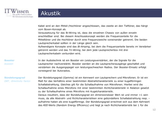 Akustik

                          Kabel wird an den Mittel-/Hochtöner angeschlossen, das zweite an den Tieftöner, das hängt
                          vom Boxen-Konzept ab.
                          Voraussetzung für das Bi-Wiring ist, dass die einzelnen Chassis von außen einzeln
                          anschließbar sind. Bei diesem Anschlusskonzept werden die Frequenzanteile für die
                          Mitteltöner und die Hochtöner durch eine Frequenzweiche voneinander getrennt. Die beiden
                          Lautsprecherkabel sollten in der Länge gleich sein.
                          Aufwendigere Konzepte sind das Bi-Amping, bei dem die Frequenzanteile bereits im Verstärker
                          getrennt werden und das Tri-Wiring, bei dem jede Lautsprecherbox mit drei
                          Lautsprecherkabeln verbunden wird.

Booster                   In der Audiotechnik ist ein Booster ein Leistungsverstärker, der die Signale für die
booster                   Lautsprecher nachverstärkt. Booster werden an die Lautsprecherausgänge geschaltet und
                          verstärken die Ausgangspegel von leistungsschwachen Radios. Der Booster-Einsatz erfolgt
                          vorwiegend bei Autoradios.


Bündelungsgrad            Der Bündelungsgrad (Gamma) ist ein Kennwert von Lautsprechern und Mikrofonen. Er ist ein
DRF, directivity factor   Maß für das Verhältnis einer bestimmten Abstrahlcharakteristik zu einer kugelförmigen
                          Schallabstrahlung. Gleiches gilt für die Schallaufnahme von Mikrofonen. Hierbei wird die
                          Schallaufnahme eines Mikrofons mit einer bestimmten Richtcharakteristik in Relation gesetzt
                          zu der Schallaufnahme eines Mikrofons mit Kugelcharakteristik.
                          Daraus resultiert, dass der Bündelungsgrad ein dimensionsloser Wert ist und immer >1 sein
                          muss, da alle Abstrahl- und Richtcharakteristiken eine gebündeltere Schallabstrahlung resp. -
                          aufnahme haben als eine kugelförmige. Der Bündelungsgrad errechnet sich aus dem Kehrwert
                          des REE-Werts (Random Energy Efficiency) und liegt je nach Richtcharakteristik bei 1 für die
                                                                                                                          12
 