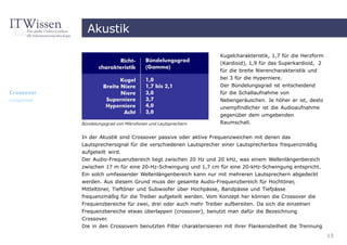 Akustik

                                                                  Kugelcharakteristik, 1,7 für die Herzform
                                                                  (Kardioid), 1,9 für das Superkardioid, 2
                                                                  für die breite Nierencharakteristik und
                                                                  bei 3 für die Hyperniere.
                                                                  Der Bündelungsgrad ist entscheidend
Crossover                                                         für die Schallaufnahme von
crossover                                                         Nebengeräuschen. Je höher er ist, desto
                                                                  unempfindlicher ist die Audioaufnahme
                                                                  gegenüber dem umgebenden
            Bündelungsgrad von Mikrofonen und Lautsprechern       Raumschall.

            In der Akustik sind Crossover passive oder aktive Frequenzweichen mit denen das
            Lautsprechersignal für die verschiedenen Lautsprecher einer Lautsprecherbox frequenzmäßig
            aufgeteilt wird.
            Der Audio-Frequenzbereich liegt zwischen 20 Hz und 20 kHz, was einem Wellenlängenbereich
            zwischen 17 m für eine 20-Hz-Schwingung und 1,7 cm für eine 20-kHz-Schwingung entspricht.
            Ein solch umfassender Wellenlängenbereich kann nur mit mehreren Lautsprechern abgedeckt
            werden. Aus diesem Grund muss der gesamte Audio-Frequenzbereich für Hochtöner,
            Mitteltöner, Tieftöner und Subwoofer über Hochpässe, Bandpässe und Tiefpässe
            frequenzmäßig für die Treiber aufgeteilt werden. Vom Konzept her können die Crossover die
            Frequenzbereiche für zwei, drei oder auch mehr Treiber aufbereiten. Da sich die einzelnen
            Frequenzbereiche etwas überlappen (crossover), benutzt man dafür die Bezeichnung
            Crossover.
            Die in den Crossovern benutzten Filter charakterisieren mit ihrer Flankensteilheit die Trennung
                                                                                                              13
 