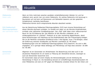Akustik

Flatterecho               Wenn ein Echo mehrmals zwischen parallelen schallreflektierenden Wänden hin und her
flutter echo              reflektiert wird, spricht man von einem Flatterecho. Ein solches Flatterecho tritt bevorzugt in
                          Raumecken auf und kann auf Resonanzen und Stehwellen basieren und den gesamten
                          Schalleindruck nachteilig beeinflussen.
                          Flatterechos können durch entsprechende Absorber absorbiert werden.


FLÜ, Feldleerlauf-        Aus der Bezeichnung Feldleerlauf-Übertragungsfaktor (FLÜ) kann diverse Rückschlüsse auf
Übertragungsfaktor        diesen Mikrofon-Kennwert schließen. Es handelt sich dabei um die Mikrofon-Empfindlichkeit,
idle tranmission factor   ermittelt unter definierten Schallbedingungen. Das „Feld“ stellt dabei einen reflexionsarmen
                          Raum für die FLÜ-Messung dar. Des Weiteren ist das Mikrofon unbelastet, es ist
                          schaltungstechnisch im „Leerlauf“. Praktisch ist es sehr hochohmig abgeschlossen, damit
                          keine Rückwirkungen vom Abschluss auf die Empfindlichkeit oder den Frequenzgang erfolgen.
                          Der an der Membran vorhandene Schalldruck eines 1-kHz-Signals, muss 1 Pa betragen, wobei
                          die Entfernung zwischen Schallquelle und Mikrofon unerheblich ist. Mit diesen
                          Randbedingungen wird der Feldleerlauf-Übertragungsfaktor (FLÜ) bestimmt. Sie wird in dBV
                          angegeben, ist in geringer Weise abhängig vom Mikrofontyp und liegt etwa zwischen -30 dBV
                          bis -60 dBV.


Goniometer                Allgemein ist ein Goniometer ein Winkelmesser. Die Bezeichnung wird aber auch in der
goniometer                akustischen Messtechnik für ein Gerät zur Messung der Stereofonie benutzt, weswegen es
                          auch als Stereometer bezeichnet wird.
                          Ein Goniometer zeigt auf einem Display die Stereowiedergabe und die Verteilung des
                          Stereoklangs im Raum an. Die Darstellung benutzt ein winkelförmiges Koordinatensystem mit
                          einer Mittelachse und zwei um 45° gegen die Mittelachse versetzte Achsen für den linken und
                                                                                                                            24
 