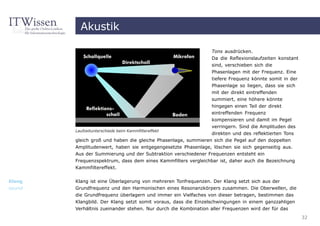 Akustik

                                                                 Tons ausdrücken.
                                                                 Da die Reflexionslaufzeiten konstant
                                                                 sind, verschieben sich die
                                                                 Phasenlagen mit der Frequenz. Eine
                                                                 tiefere Frequenz könnte somit in der
                                                                 Phasenlage so liegen, dass sie sich
                                                                 mit der direkt eintreffenden
                                                                 summiert, eine höhere könnte
                                                                 hingegen einen Teil der direkt
                                                                 eintreffenden Frequenz
                                                                 kompensieren und damit im Pegel
                                                                 verringern. Sind die Amplituden des
        Laufzeitunterschiede beim Kammfiltereffekt
                                                               direkten und des reflektierten Tons
        gleich groß und haben die gleiche Phasenlage, summieren sich die Pegel auf den doppelten
        Amplitudenwert, haben sie entgegengesetzte Phasenlage, löschen sie sich gegenseitig aus.
        Aus der Summierung und der Subtraktion verschiedener Frequenzen entsteht ein
        Frequenzspektrum, dass dem eines Kammfilters vergleichbar ist, daher auch die Bezeichnung
        Kammfiltereffekt.


Klang   Klang ist eine Überlagerung von mehreren Tonfrequenzen. Der Klang setzt sich aus der
sound   Grundfrequenz und den Harmonischen eines Resonanzkörpers zusammen. Die Oberwellen, die
        die Grundfrequenz überlagern und immer ein Vielfaches von dieser betragen, bestimmen das
        Klangbild. Der Klang setzt somit voraus, dass die Einzelschwingungen in einem ganzzahligen
        Verhältnis zueinander stehen. Nur durch die Kombination aller Frequenzen wird der für das
                                                                                                        32
 