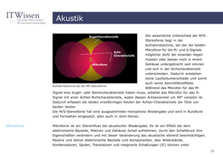 Akustik

                                                                      Der wesentliche Unterschied der M/S-
                                                                      Stereofonie liegt in der
                                                                      Aufnahmetechnik, bei der die beiden
                                                                      Mikrofone für die M- und S-Signale
                                                                      möglichst dicht bei einander liegen
                                                                      müssen oder besser noch in einem
                                                                      Gehäuse untergebracht sein können
                                                                      und sich in der Richtcharakteristik
                                                                      unterscheiden. Dadurch entstehen
                                                                      keine Laufzeitunterschiede und somit
                                                                      auch keine Kammfiltereffekte.
             Aufnahmetechnik bei der MS-Stereofonie
                                                                    Während das Mikrofon für das M-
             Signal eine Kugel- oder Nierencharakteristik haben muss, arbeitet das Mikrofon für das S-
             Signal mit einer Achter-Richtcharakteristik, wobei dessen Achsenwinkel um 90° versetzt ist.
             Dadurch erfassen die beiden kreisförmigen Keulen der Achter-Charakteristik die Töne von
             beiden Seiten.
             Die M/S-Stereofonie hat eine ausgezeichnete monophone Wiedergabe und wird in Rundfunk
             und Fernsehen eingesetzt, aber auch in Joint-Stereo.


Mikrofonie   Mikrofonie ist ein Störeinfluss bei akustischer Wiedergabe. Es ist ein Effekt bei dem
             elektronische Bauteile, Platinen und Gehäuse Schall aufnehmen, durch den Schalldruck ihre
             Eigenschaften verändern und mit dieser Veränderung das akustische störend beeinträchtigen.
             Passive und aktive elektronische Bauteile und Komponenten, also Widerstände,
             Kondensatoren, Spulen, Transistoren und integrierte Schaltungen (IC) können unter
                                                                                                             38
 